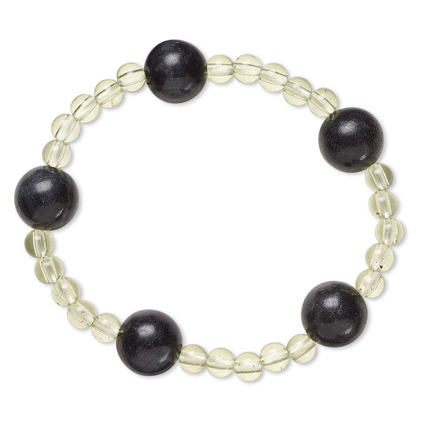 Bracelet, stretch, blackstone (dyed) and acrylic, light yellow-green, 5mm and 12-13mm round, 6 inches. Sold individually. image number 0
