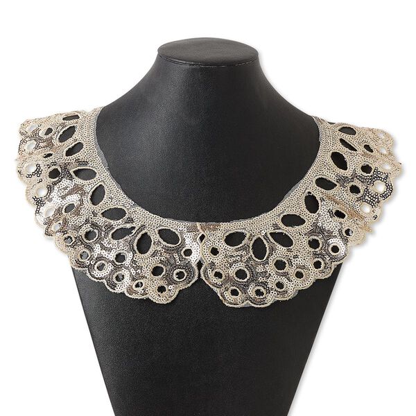 Necklace, collar, polyester and plastic sequin, ivory, 2-1/2 inches wide, 32 inches with tie closure. Sold individually. image number 0