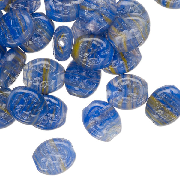 Bead, Czech pressed glass, translucent blue-grey / blue / yellow, 10x9mm puffed oval with shamrock and swirl design. Sold per 2-ounce pkg, approximately 45 beads. image number 0