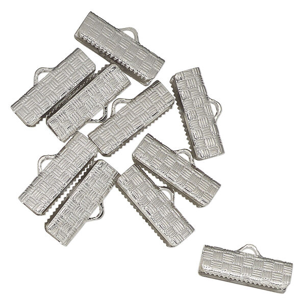 Ribbon crimp end, silver-plated brass, 16x7mm textured rectangle. Sold per pkg of 10. image number 0
