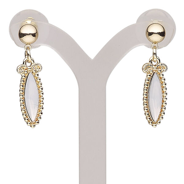 Earring, acrylic with gold-finished steel and "pewter" (zinc-based alloy), white, 1-1/2 inches with marquise and post. Sold per pair. image number 0