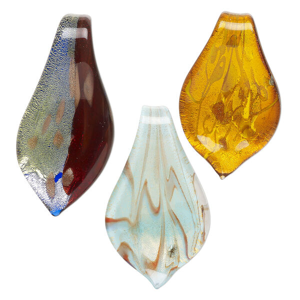 Random mix, lampworked glass, opaque to transparent mixed colors, 40x22mm-52x29mm spoon with silver-colored foil and copper-colored glitter dots and swirls. Sold per pkg of 3. image number 0
