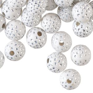 Bead, acrylic, white and silver, 10mm round with dots. Sold per pkg of 100.