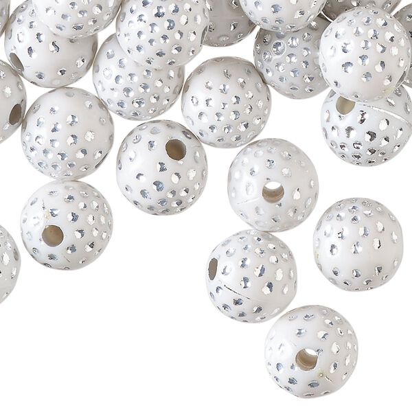Bead, acrylic, white and silver, 10mm round with dots. Sold per pkg of 100. image number 0