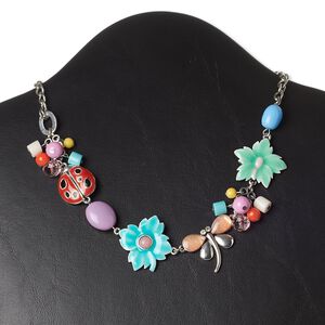 Necklace, abalone shell (dyed) / acrylic / glass / glass rhinestone / antique silver-plated brass / "pewter" (zinc-based alloy) / steel, multicolored, nature theme, 16 inches with 3-inch extender chain and lobster claw clasp. Sold individually.
