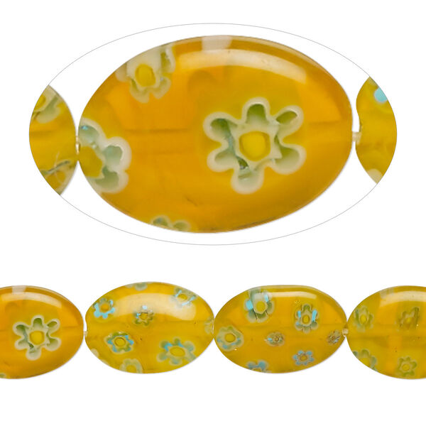 Bead, millefiori glass, translucent yellow / blue / white, 14x10mm puffed oval with 0.6-0.8mm hole. Sold per 15-inch strand. image number 0