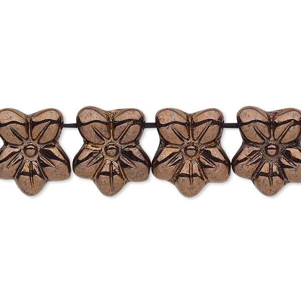 Spacer, Czech pressed glass, antique bronze gold, 13x11mm 2-strand flower. Sold per 8-inch strand, approximately 20 spacers. image number 0