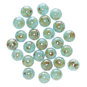 Bead, Czech glass, translucent turquoise and brown travertine, 8x6mm-9x6mm faceted rondelle. Sold per pkg of 26.