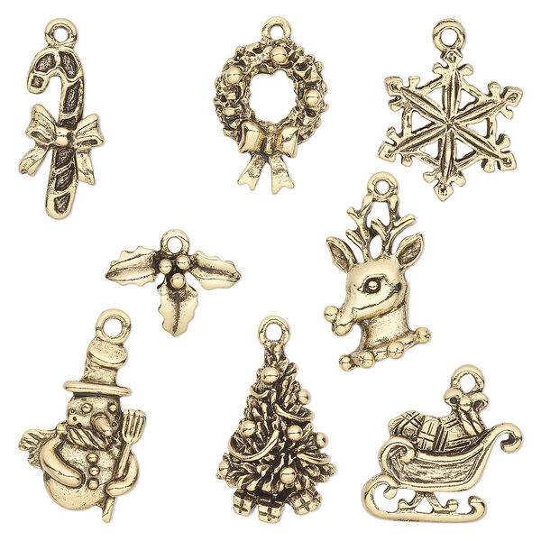 Charm, antique gold-plated pewter (tin-based alloy), 12.5x9mm-22.5x17.5mm Christmas theme. Sold per 8-piece set. image number 0