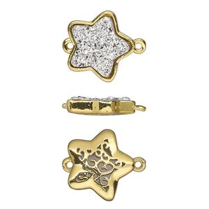 Link, Druzylite™, "druzy" (resin) and gold-finished brass, silver, 15x14mm two-sided star with open filigree back. Sold per pkg of 4.