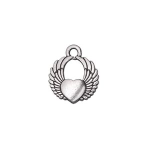 Charm, TierraCast®, antique silver-plated pewter (tin-based alloy), 15x14mm double-sided winged heart. Sold per pkg of 2.
