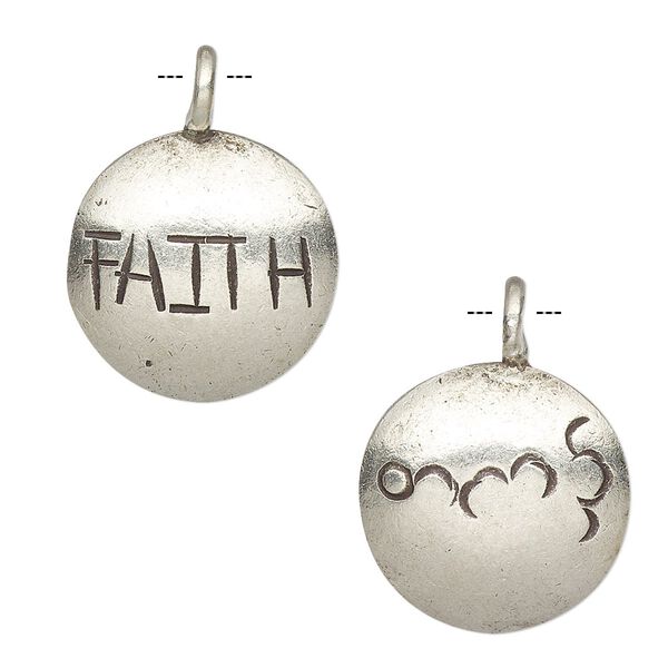 Drop, Hill Tribes, antiqued fine silver, 19mm two-sided round with "Faith." Sold individually. image number 0
