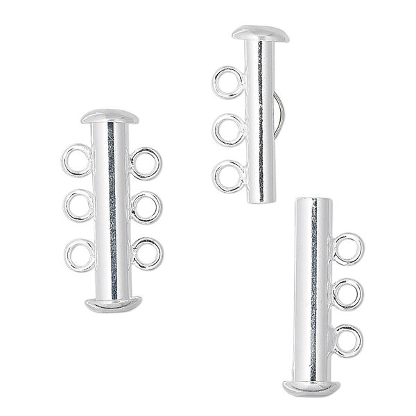 Clasp, 3-strand slide lock, silver-plated brass, 21x6mm tube. Sold per pkg of 4. image number 0