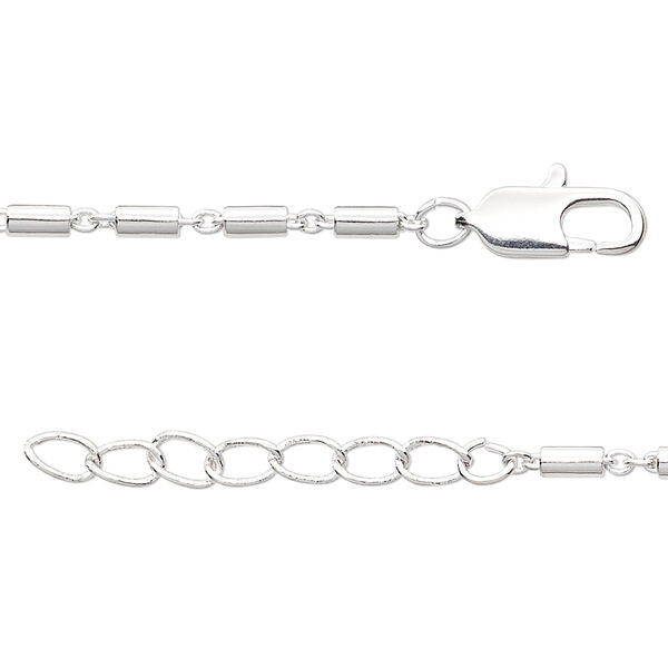 Chain, silver-finished brass, 3x2mm oval link and 4x2mm round tube link, 16 inches with 1-1/4 inch extender chain and lobster claw clasp. Sold individually. image number 0
