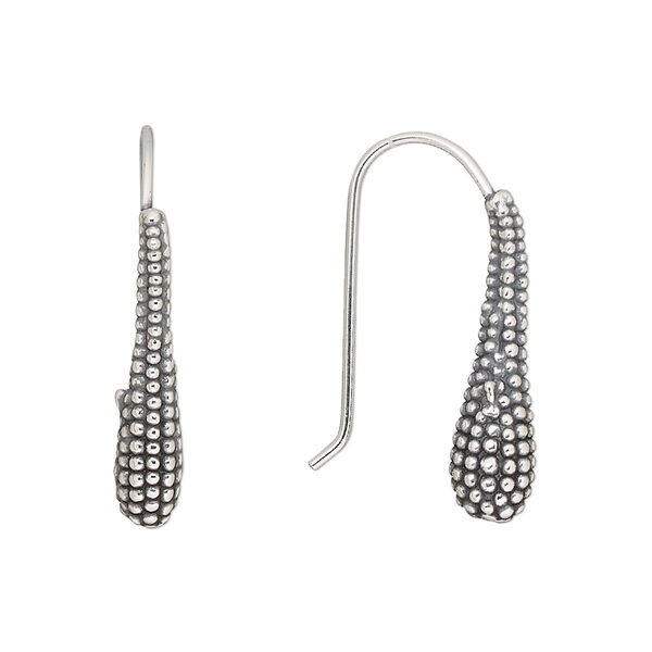 Earring, Create Compliments®, antiqued fine silver, electroformed, 28mm beaded teardrop with fishhook ear wire. Sold per pair. image number 0
