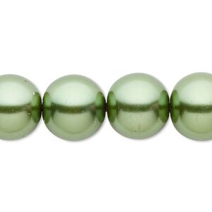 Bead, crystal pearl, medium green, 14mm round. Sold per 15-1/2" to 16" strand, approximately 25 beads.
