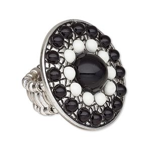 Ring, stretch, resin and antique silver-plated "pewter" (zinc-based alloy), black and white, 34mm round. Sold individually.