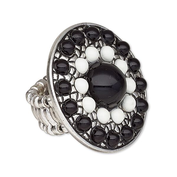 Ring, stretch, resin and antique silver-plated "pewter" (zinc-based alloy), black and white, 34mm round. Sold individually. image number 0