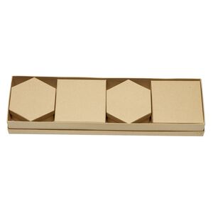 Box, kraft paper, (1) 12-3/4 x 3-1/2 x 1-1/2 inch rectangle / (2) 3-1/4 x 3-1/4 x 1-1/2 inch square / (2) 3-1/4 x 2-3/4 x 1-1/2 inch hexagon. Sold per 5-piece set.