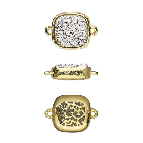 Link, Druzylite™, "druzy" (resin) and gold-finished brass, silver, 11.5mm two-sided square with open filigree back. Sold per pkg of 4. image number 0