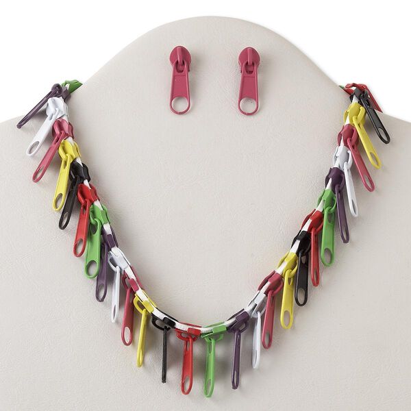 Necklace and earring set, gold-finished brass and steel / "pewter" (zinc-based alloy) / faux suede, multicolored, 31x10mm zipper pull, 18 inches with lobster claw clasp and 3-inch extender chain, 1-1/4 inch zipper pull earring with post. Sold per set. image number 0