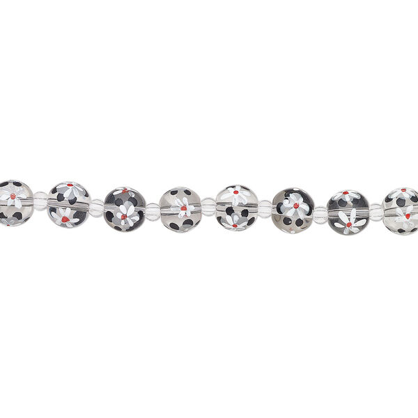 Bead, glass 1pkg8, multicolored, 12mm round with hand-painted flower. image number 1