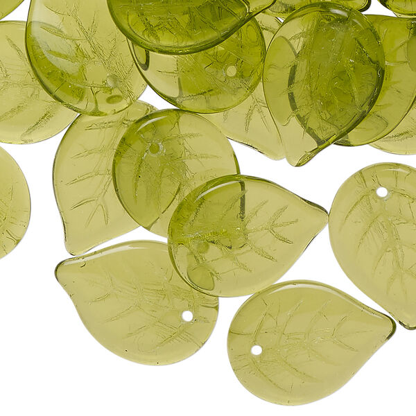 Bead 1pkg100, Czech pressed glass, olivine, 18.5x14mm top-drilled leaf. image number 0
