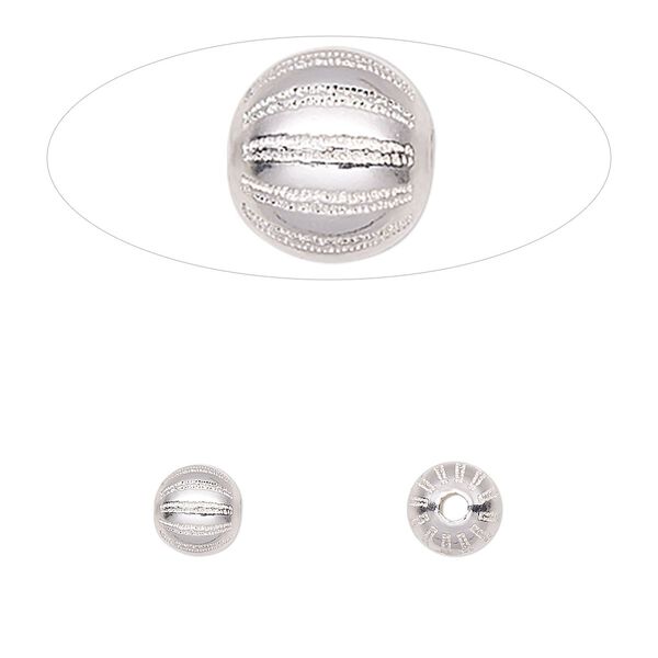 Bead, sterling silver, 6mm fluted round with laser-cut melon design. Sold individually. image number 0