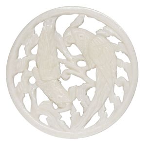 Focal, camel bone (bleached), white, 40mm cutout round with two parrots, Mohs hardness 2-1/2. Sold individually.