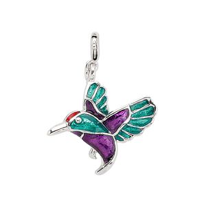 Charm, enamel and rhodium-plated pewter (tin-based alloy), purple and green, 23x21mm hummingbird with springring clasp. Sold individually.