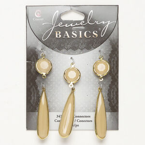 Link and focal assortment 1pkg6, gold-finished brass and acrylic, beige, 15mm double-sided faceted round / 40x9mm double-sided teardrop.