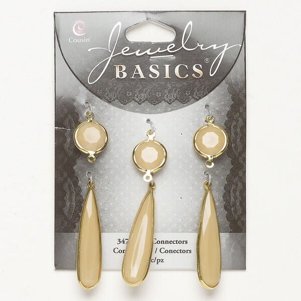 Link and focal assortment 1pkg6, gold-finished brass and acrylic, beige, 15mm double-sided faceted round / 40x9mm double-sided teardrop. image number 0