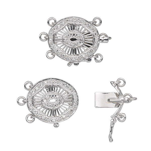 Clasp, 3-strand tab with safety, diamond (natural) and 14KtW white gold, 15x13mm flat oval. Sold individually. image number 0