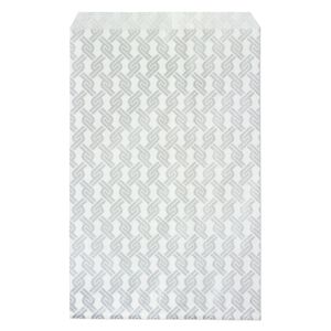 Bag, paper, white and silver, 9x6 inch rectangle with chainlink-print and scalloped top edge. Sold per pkg of 100.