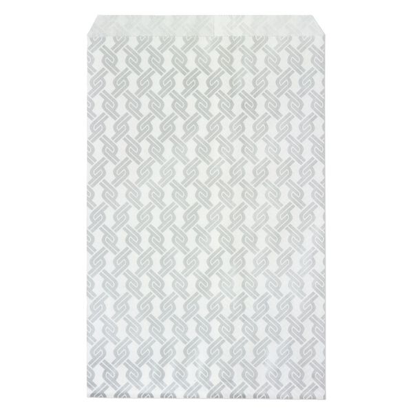 Bag, paper, white and silver, 9x6 inch rectangle with chainlink-print and scalloped top edge. Sold per pkg of 100. image number 0