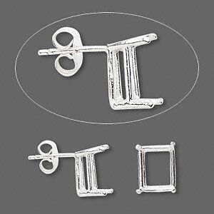 Earstud 1pkg2 Sure-Set™ sterling silver, 10x8mm emerald cut pre-notched 4-prong basket-style setting / earnuts, 1 pair