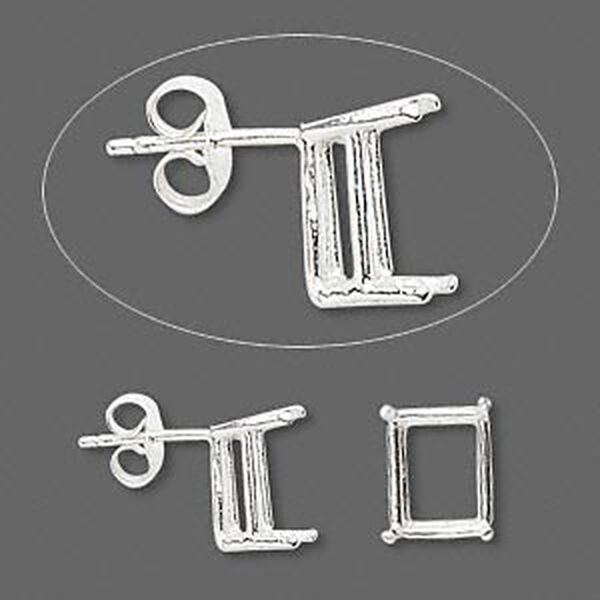 Earstud, Sure-Set™, sterling silver, 10x8mm with 4-prong emerald-cut basket setting. Sold per pair. image number 0
