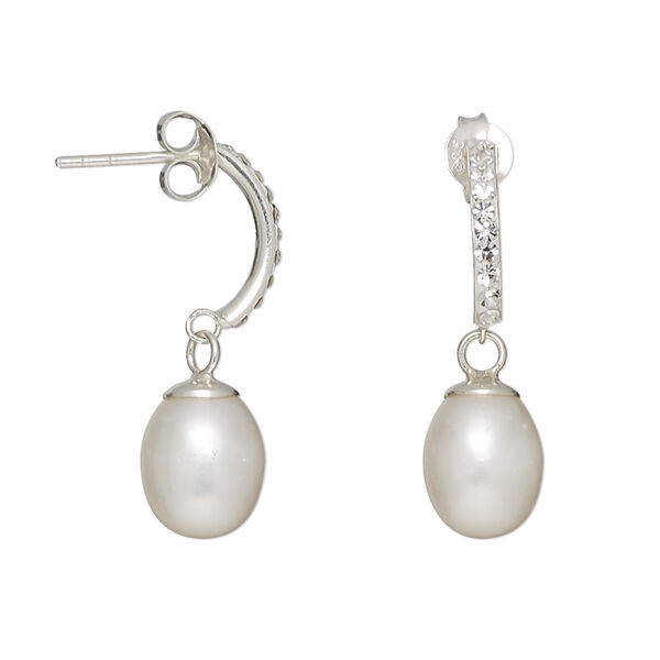 Earring, cultured freshwater pearl (bleached) / sterling silver / glass rhinestone, white and clear, 26mm with 10x7mm teardrop and post. Sold per pair. image number 0