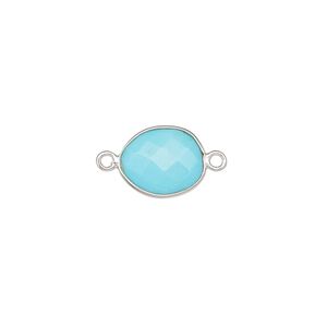 Link, magnesite (dyed / stabilized) and sterling silver, turquoise blue, 9x7mm-12x10mm oval with 8x6mm-11x9mm hand-cut double-sided faceted flat freeform oval. Sold individually.