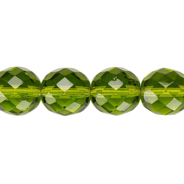 Bead, Czech fire-polished glass, pkg/15-1/2 to 16 inches, 12mm faceted round, transparent olivine, (50230). image number 0