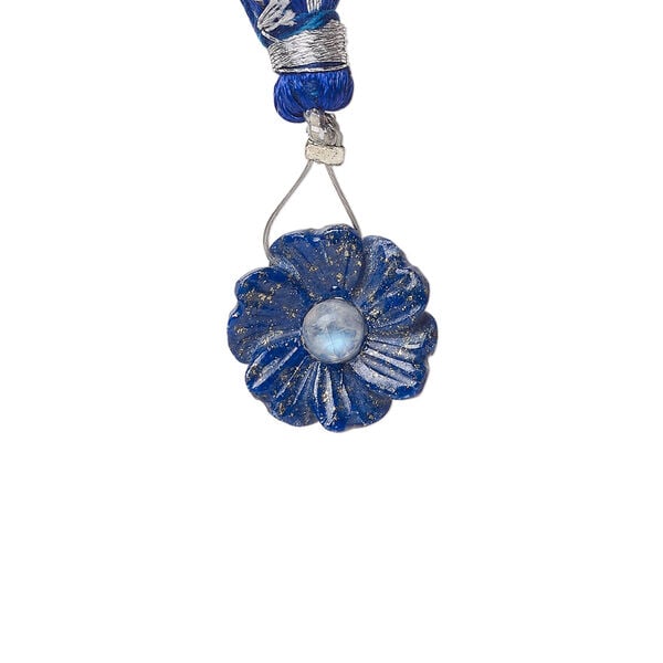 Lapis lazuli / rainbow moonstone 1pkg1, top-drilled hand-cut 1sided carved flower bead natural, 14mm image number 0