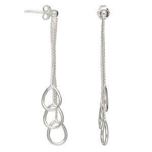 Earring, sterling silver, 49mm 3-chain dangle with pear-shaped drops and earpost. Sold per pair.
