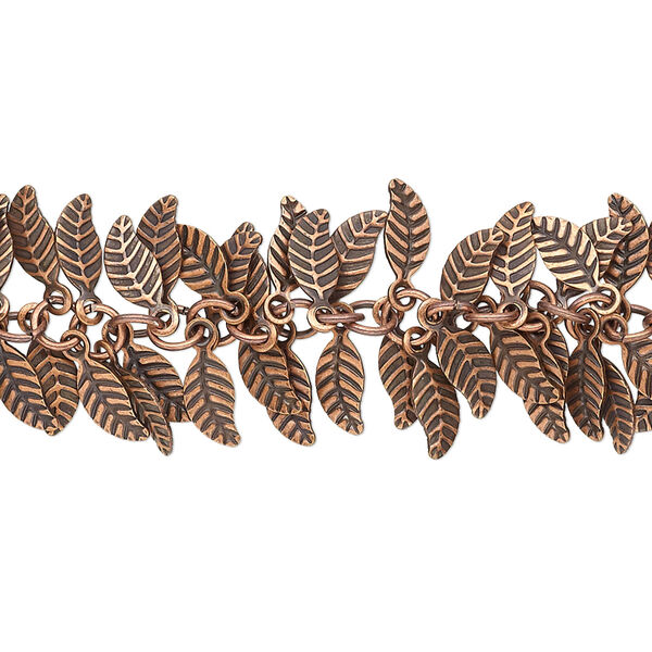 Chain, antique copper-plated brass, 7x3.5mm double-sided leaf. Sold per pkg of 1 foot. image number 0