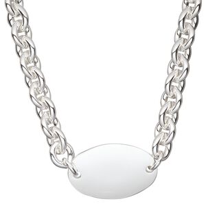 Necklace, silver-plated steel, 31x21mm flat oval, 15-1/2 inch cable chain with 3-inch extender chain and silver-plated brass lobster claw clasp. Sold individually.