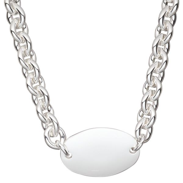Necklace, silver-plated steel, 31x21mm flat oval, 15-1/2 inch cable chain with 3-inch extender chain and silver-plated brass lobster claw clasp. Sold individually. image number 0