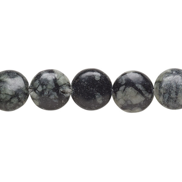 Bead, Picasso serpentine (natural), 10mm puffed flat round, C grade, Mohs hardness 2-1/2 to 6. Sold per 15-inch strand. image number 0