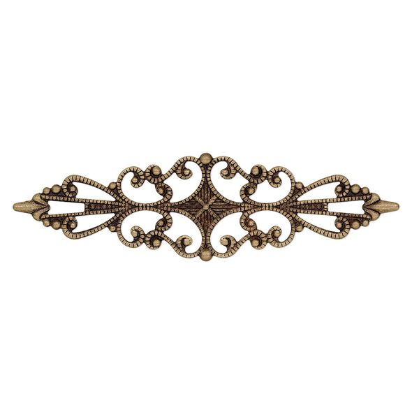 Component, antiqued brass-colored brass, 56.5x15mm single-sided filigree marquise. Sold per pkg of 10. image number 0