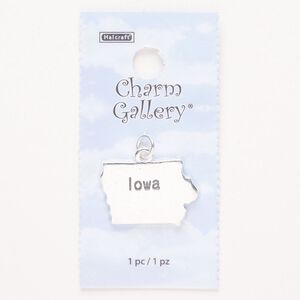 Charm, steel and enamel, pkg/1, silver finish and black, 24x17mm with "Iowa."