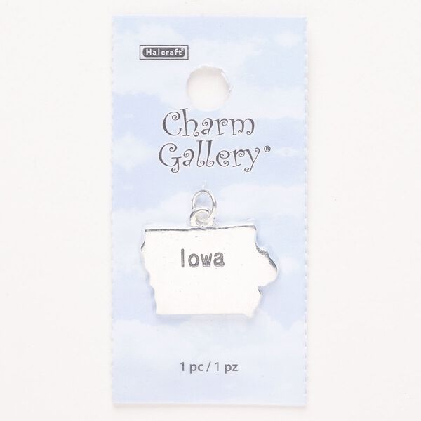 Charm, steel and enamel, pkg/1, silver finish and black, 24x17mm with "Iowa." image number 0