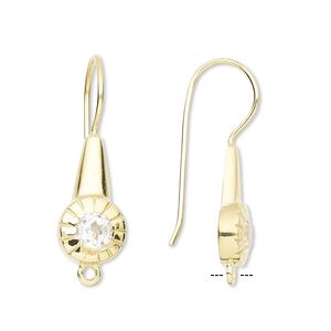 Ear wire fishhook 1pkg2 quartz (natural), 28mm / closed loop / lines design, 20 gauge gold-finished brass 1 pair
